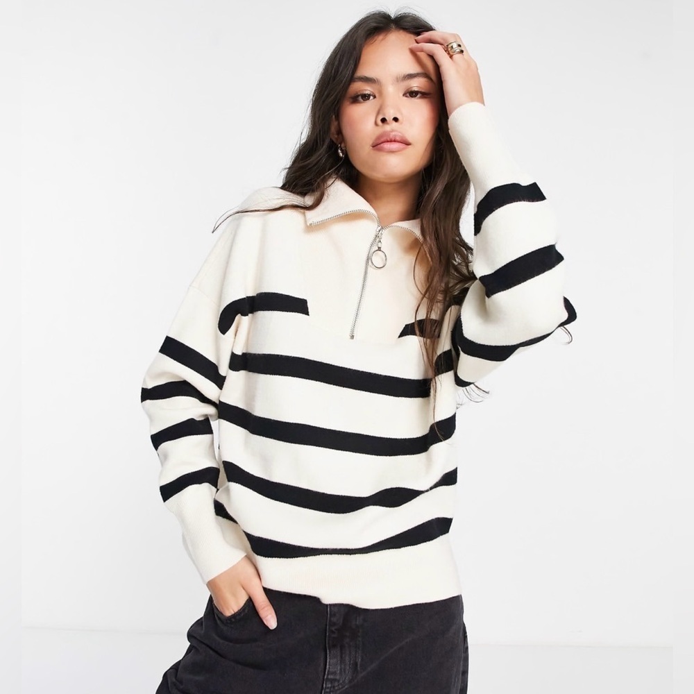 Vero Moda Striped Quarter Zip Sweater Soft Pullover Navy Cream Preppy Small